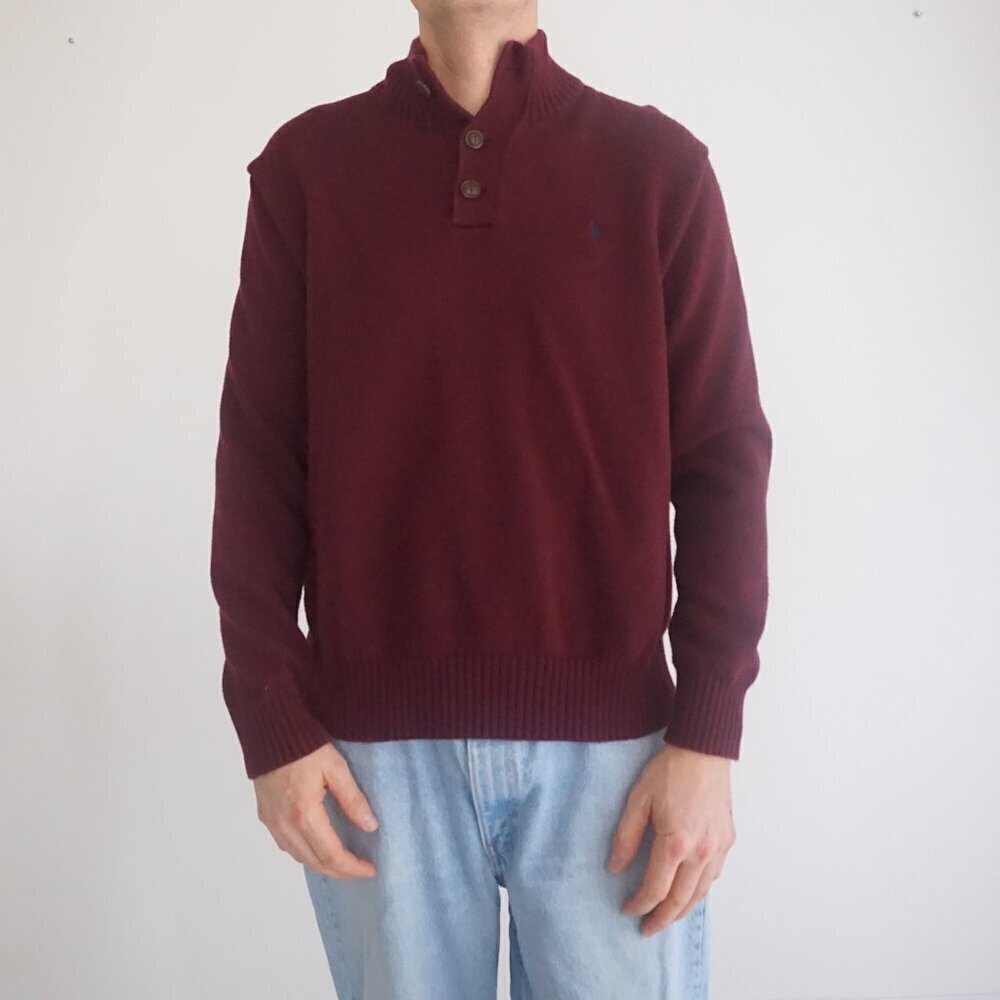 Polo Ralph Lauren Maroon 100% Cotton Button Collar Fine Knit Pullover Sweater L